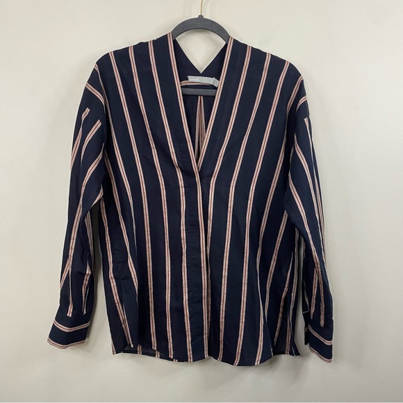 Vince Textured Striped Long-sleeve Button Up Linen Silk Blend Blouse size Small - Picture 3 of 14